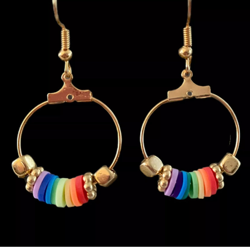 Hopeful Rainbow Gold-Tone Hoop Earrings Natural Clay Flat Beads - East Coast Bella LLC