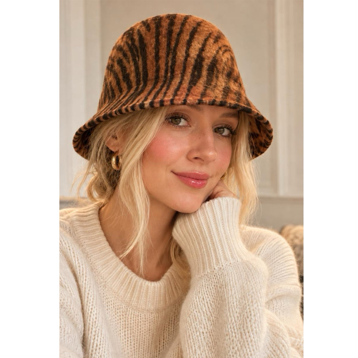 100% Wool Tiger Print Cloche Hat in Brown Black Animal Print