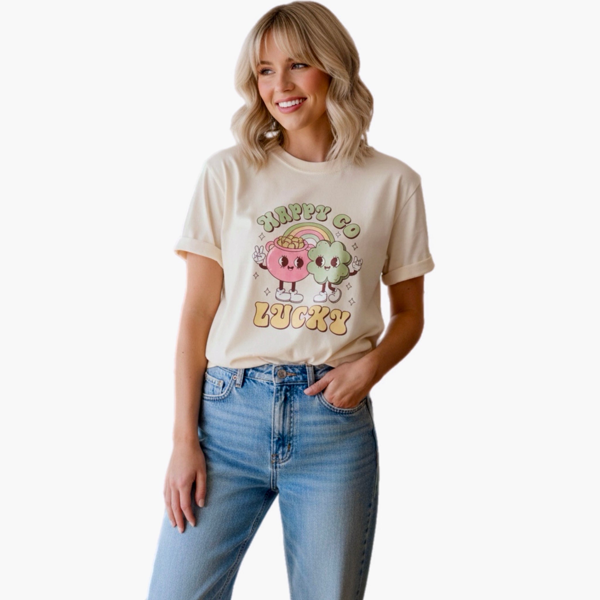 ST PATRICK’S “HAPPY GO LUCKY” Comfort Colors T Shirt Vintage Style Tee