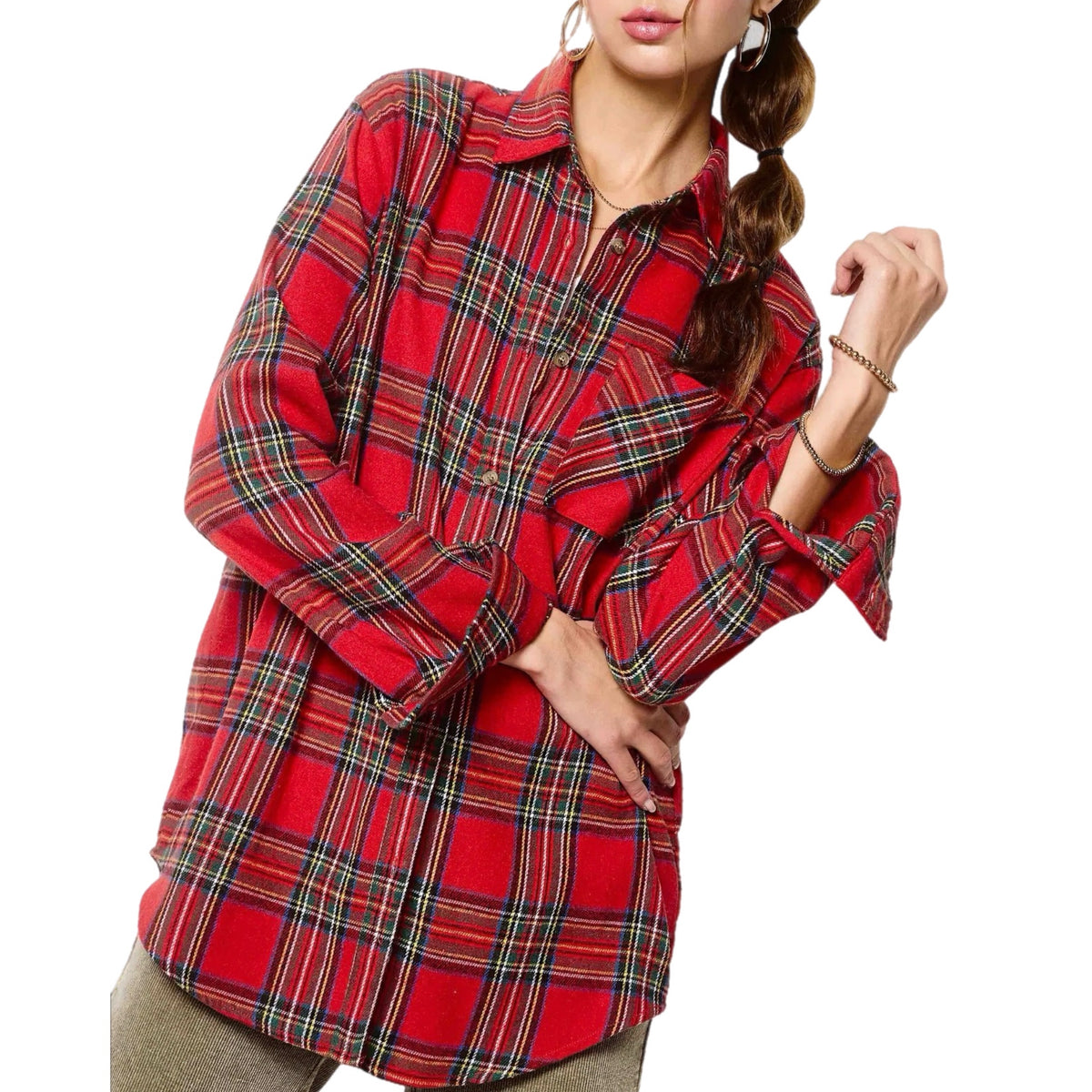 La Miel Plaid Oversized Shirt Button Front Long Sleeve in Holiday Red
