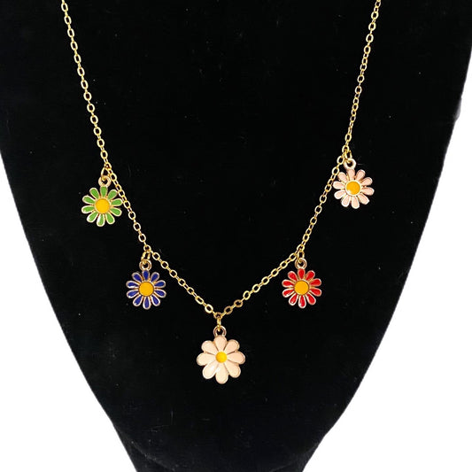 Boho Spring Flowers Gold Tone Charm Necklace Colorful Daisies - East Coast Bella LLC