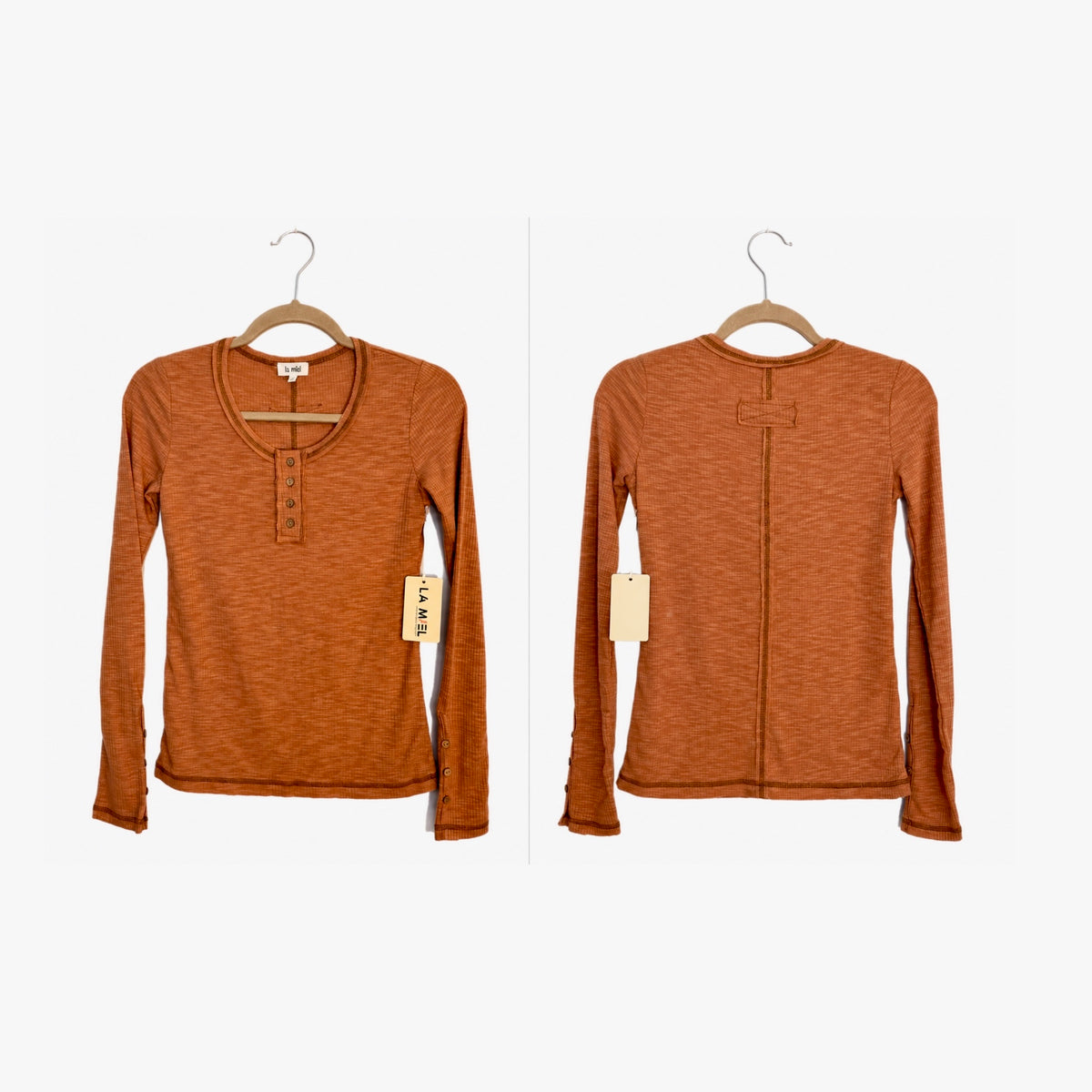 La Miel Ginger Ribbed Henley Long Sleeve Top
