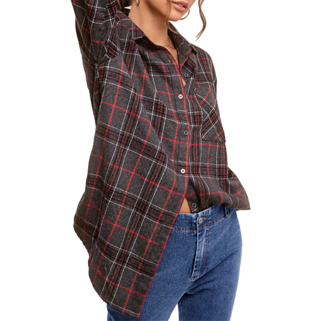 La Miel Plaid Oversized Shirt Gray Red Button Front Long Sleeve