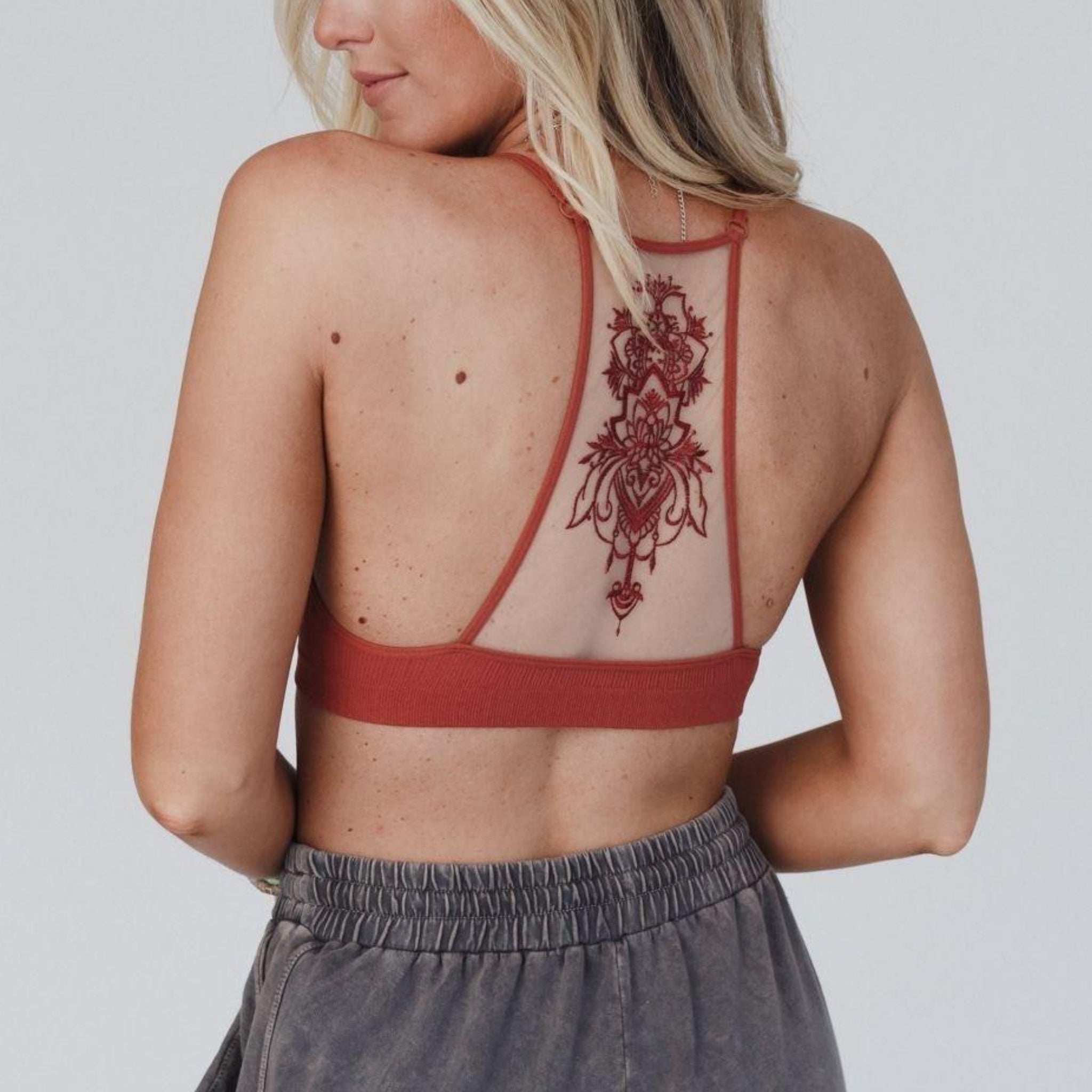 Boho Tattoo Bralette Embroidered Mesh Ribbed in Rust