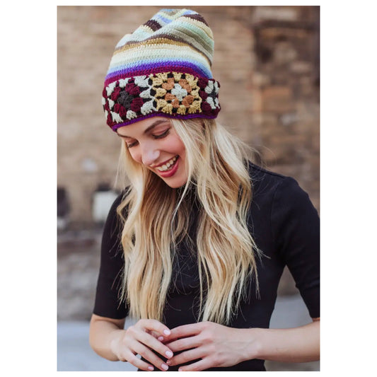 Panache Crochet Beanie Purple, Yellow Blue- Knit Hat - East Coast Bella LLC