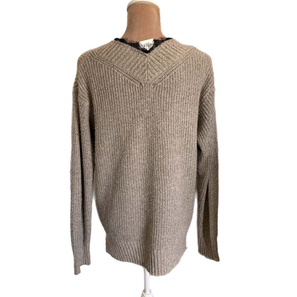 La Miel Boho Heather Beige Lace Trim V-Neck Ribbed Knit Sweater