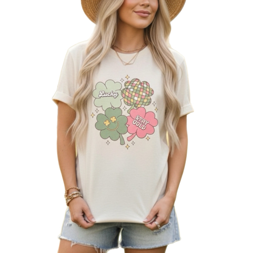 ST PATRICKS DAY “STAY GOLD” Lucky Clover Graphic T-Shirt Retro Tee Cream