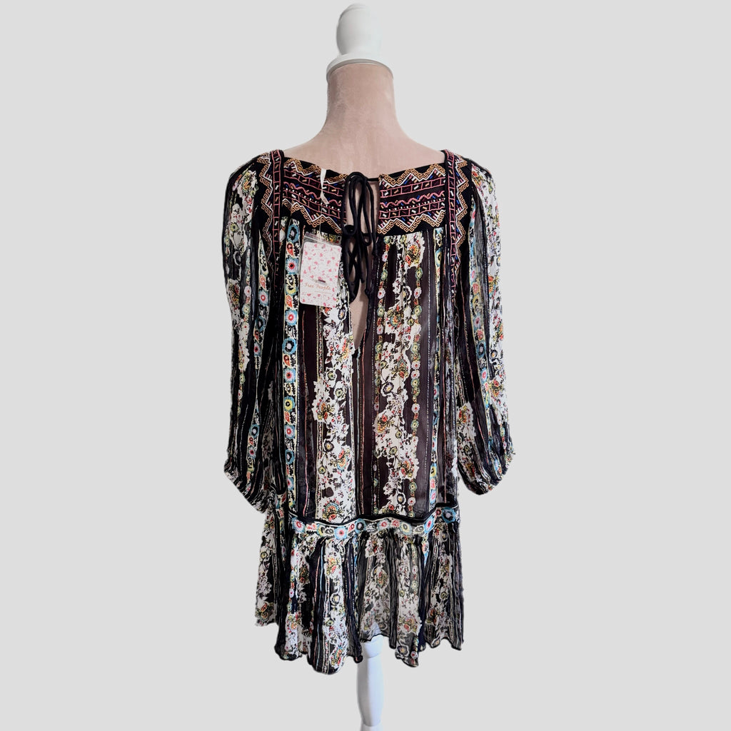 Free People Mini Dress Embroidered Floral Semi-Sheer Boho Black