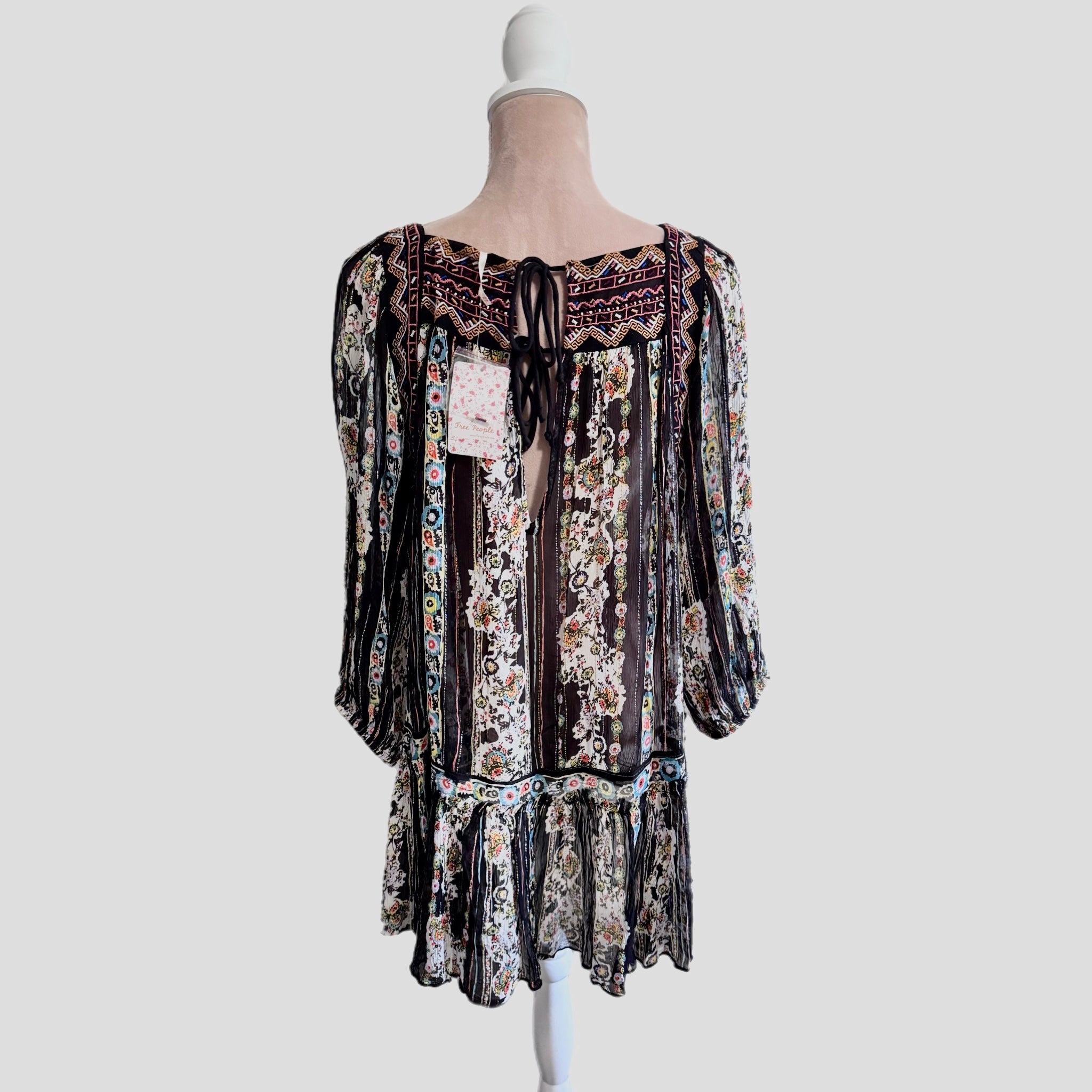 Free People Mini Dress Embroidered Floral Semi-Sheer Boho Black