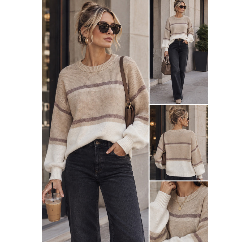 LOVE ELLIE Metallic Stripe Crew Neck Sweater in Beige and Cream