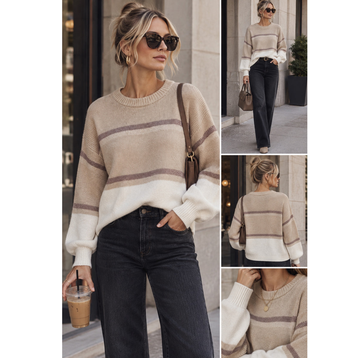 LOVE ELLIE Metallic Stripe Crew Neck Sweater in Beige and Cream