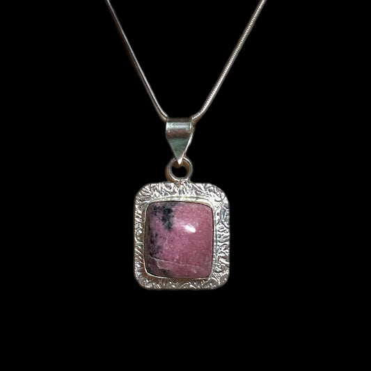 Pink Rhodonite Stone Pendant Necklace Silver Plate Metal Bezel Healing Stone 16”