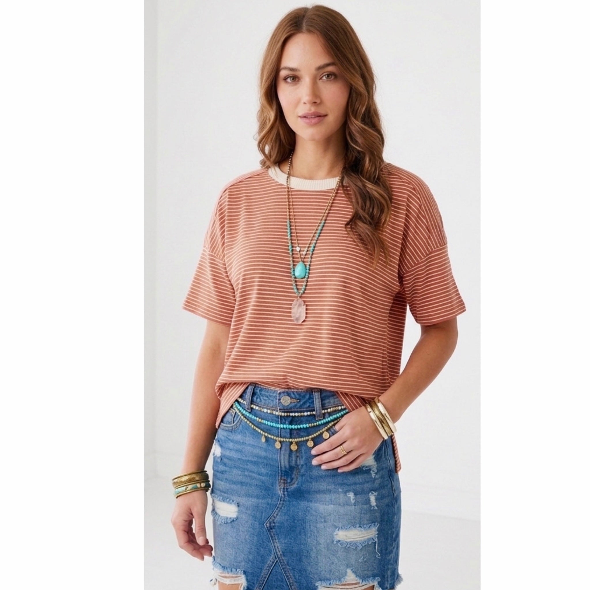 LA MIEL Boho Chic Terracotta Striped Top Drop-Shoulder Tee