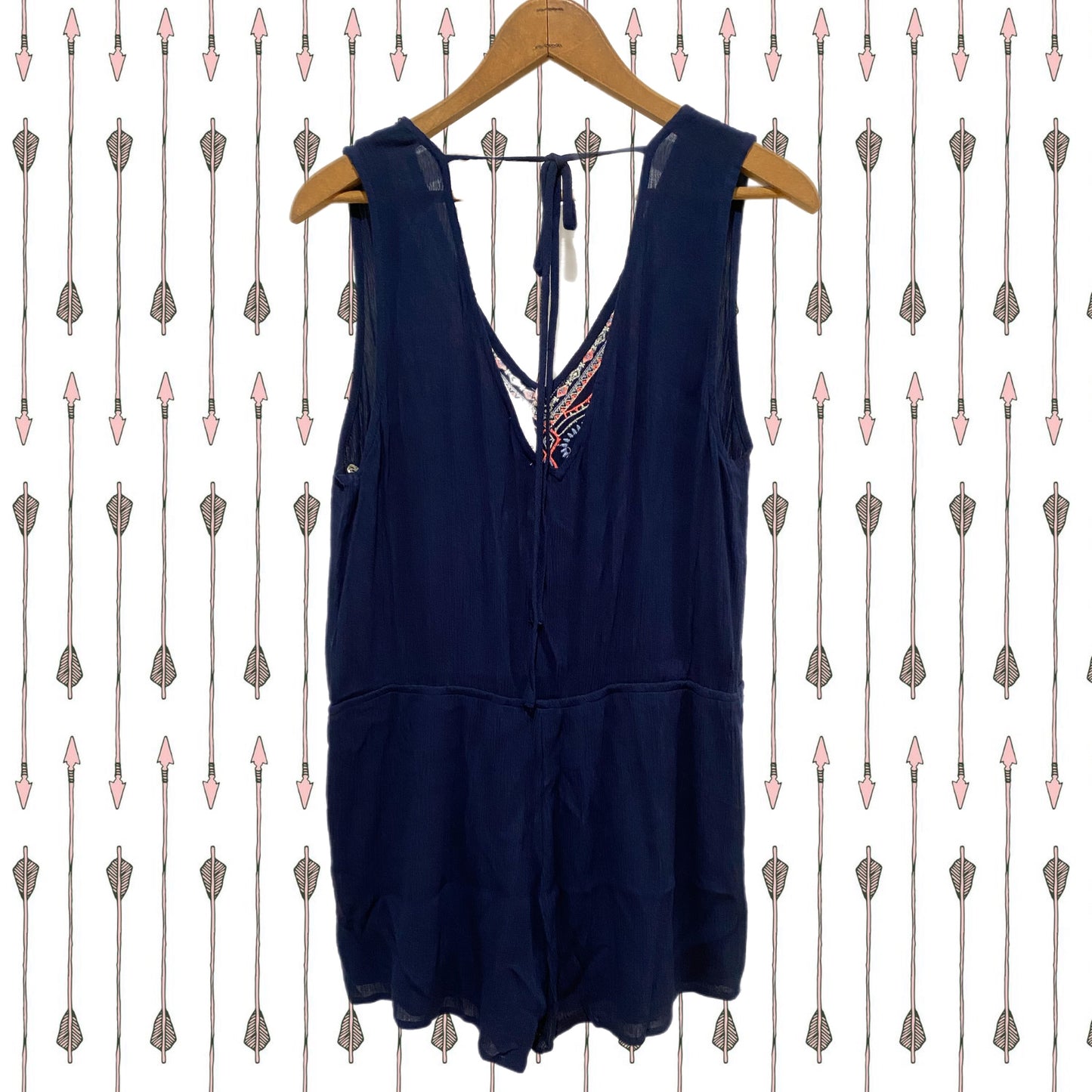 BLU PEPPER Embroidered Summer Tie Romper Sleeveless V Neck Navy