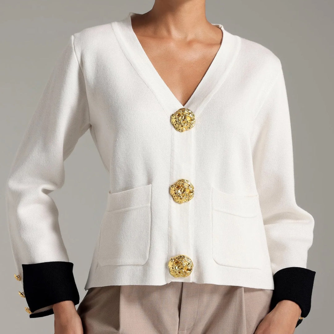 Diana Cardigan Knit Contrast Cuff Large Gold Snap Buttons Cream or Black