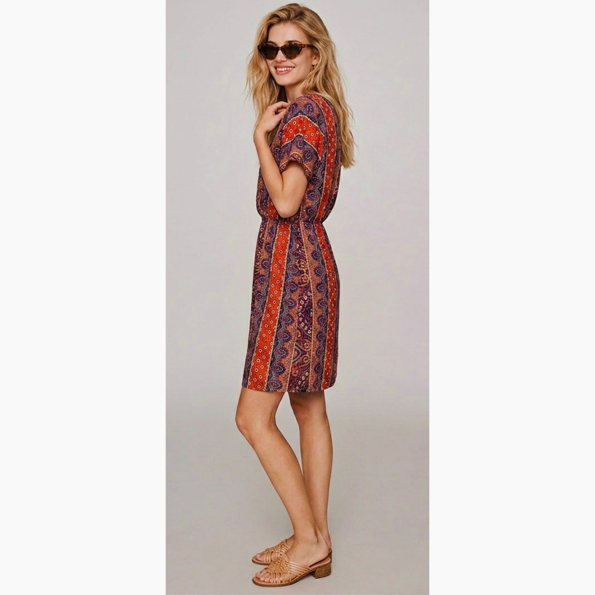 HAPTICS By HOLLY HARPER Sunset Orange Boho Paisley V Neck Dress S, M, L