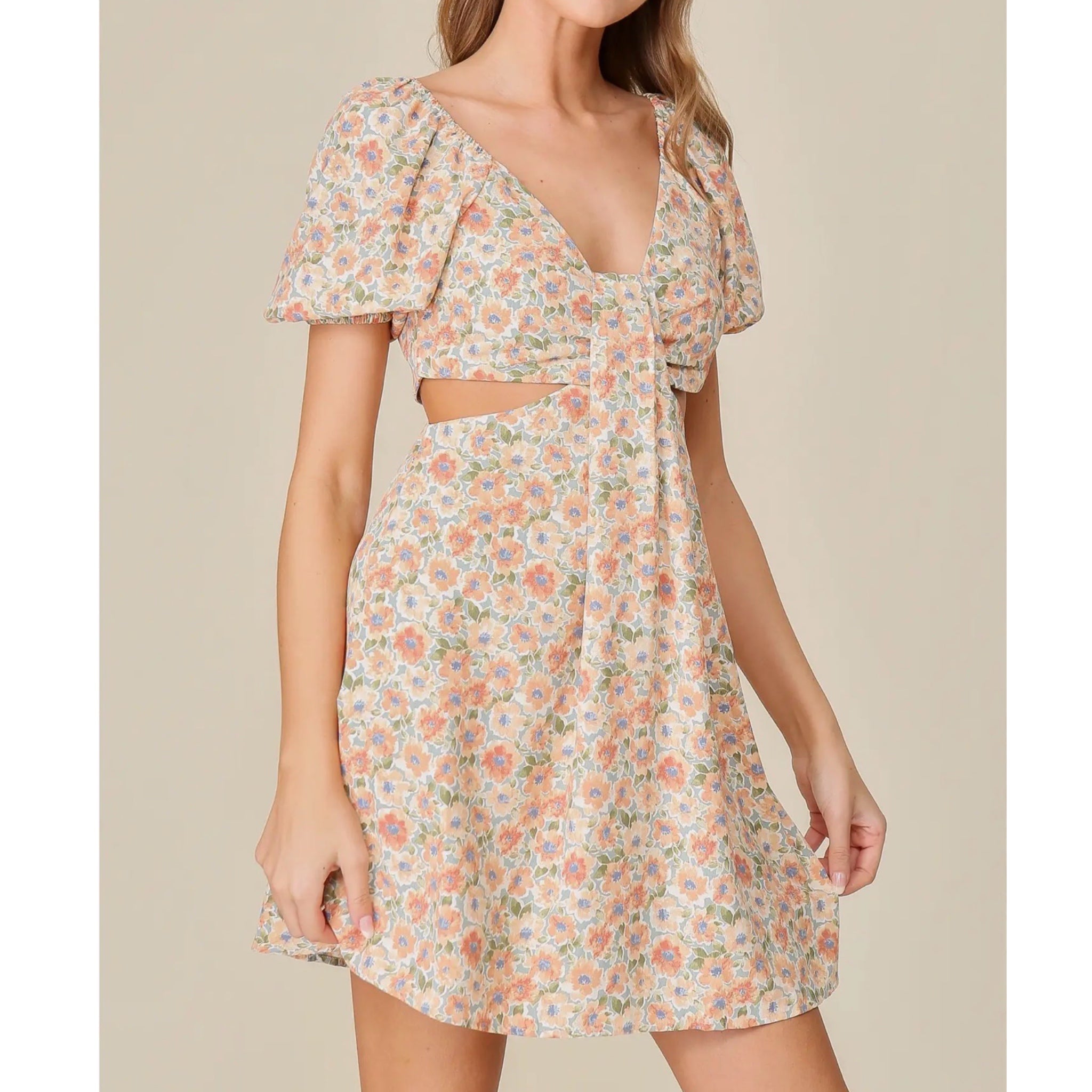 Lumiere Sage Banana Floral Cutout Puff Sleeve Mini Dress