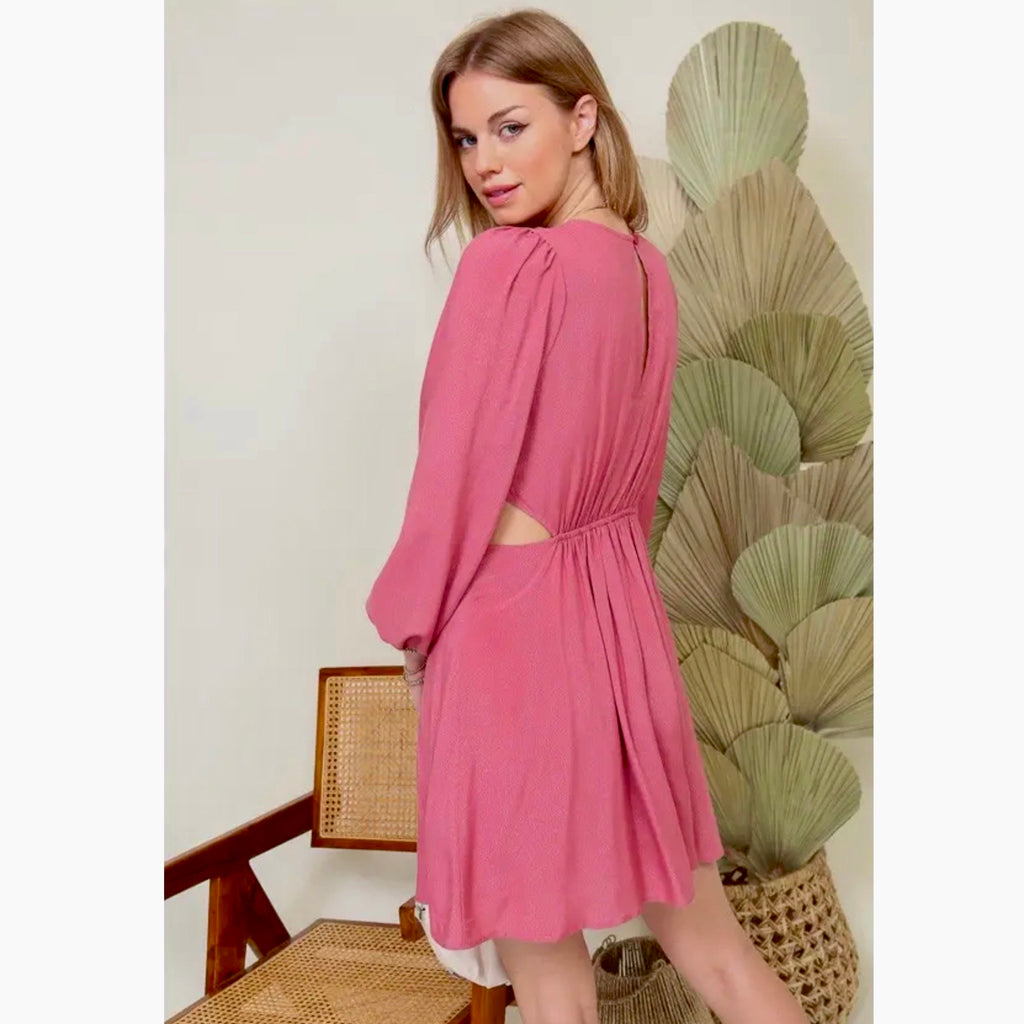 LUMIERE Ring Accent Cut-Out Mini Dress in Rose Sparkle