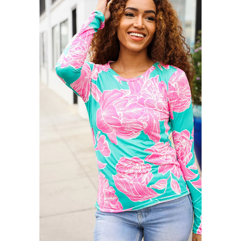 Preppy Love Aqua/Pink Fitted Floral Print Top Long Sleeve