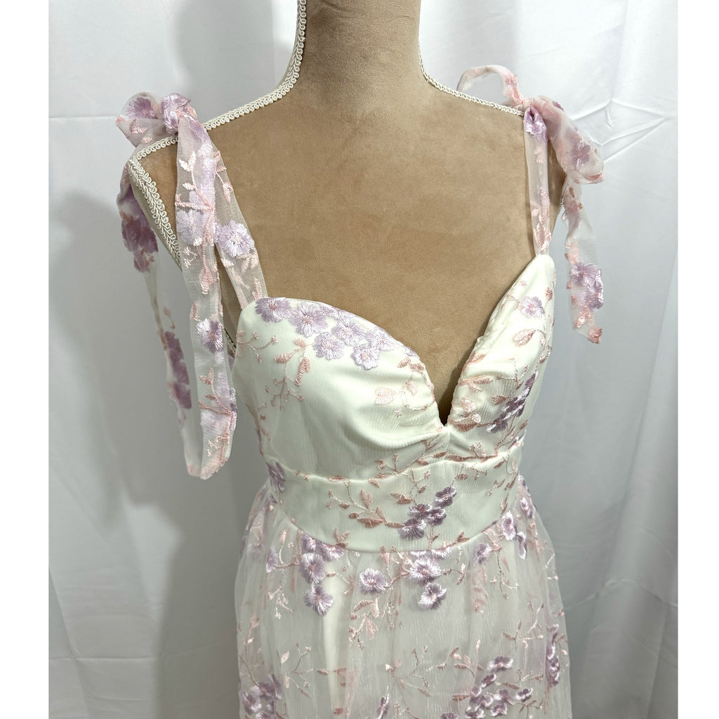 Lulus Romantic Embroidered Tulle Midi Dress White Lilac Pink Floral