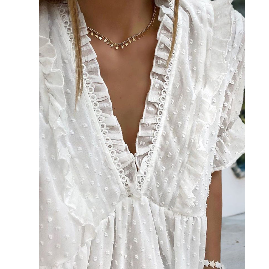 Chiffon Swiss Dot Ruffle Blouse Plunge Top V-Neck in Romantic White