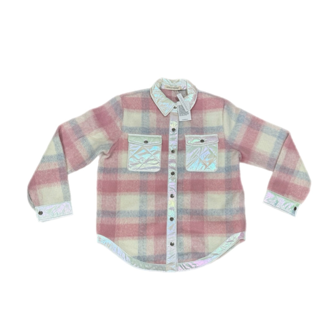SOUTHERN GRACE Pretty in Pink Tweed Plaid Silver Buttoned Shacket