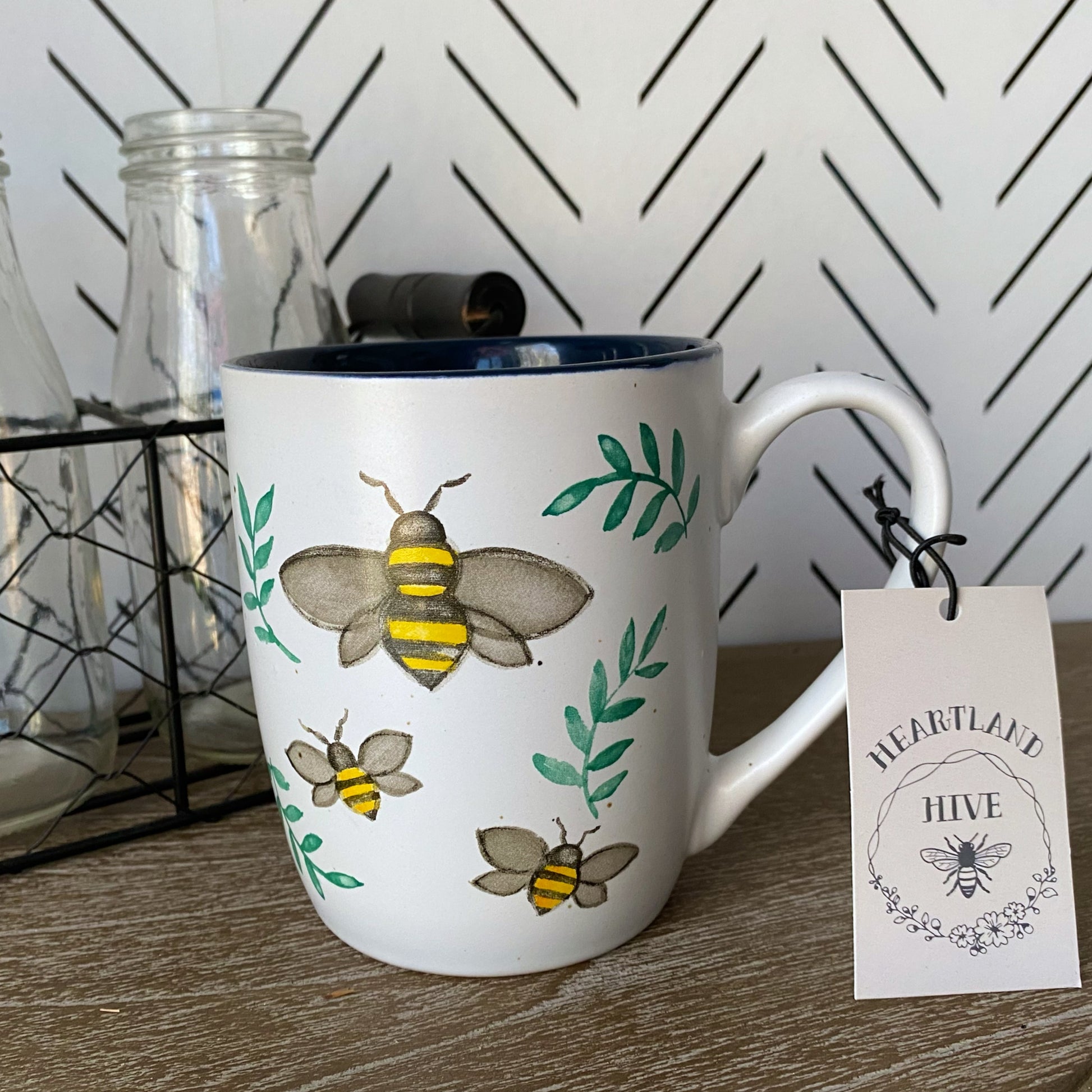 Busy Bee Embossed Ceramic Mug Navy Interior 12oz by Heartland Hive - East Coast Bella LLC