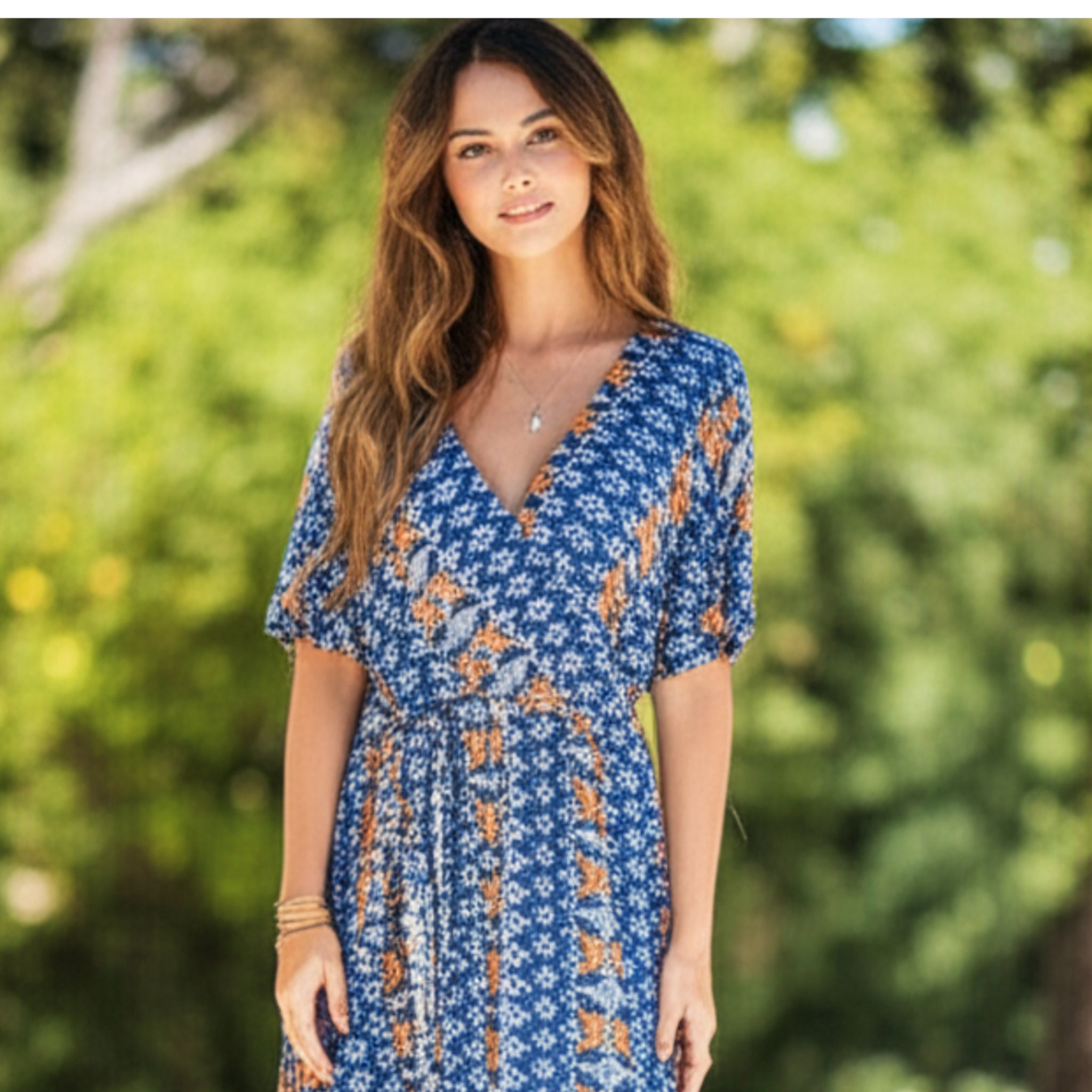 HAPTICS Navy Boho Summer Print Surplice Sash Belt Midi Dress