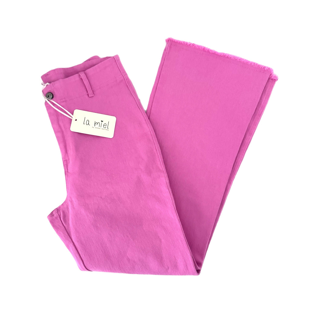 LA MIEL High-Rise Raw Hem Stretch Ankle Flare Pants in Candy Pink