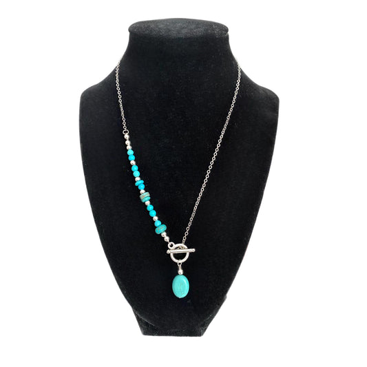 Summer Turquoise Beaded Silver Tone Chain Front Toggle Necklace 18” - East Coast Bella LLC