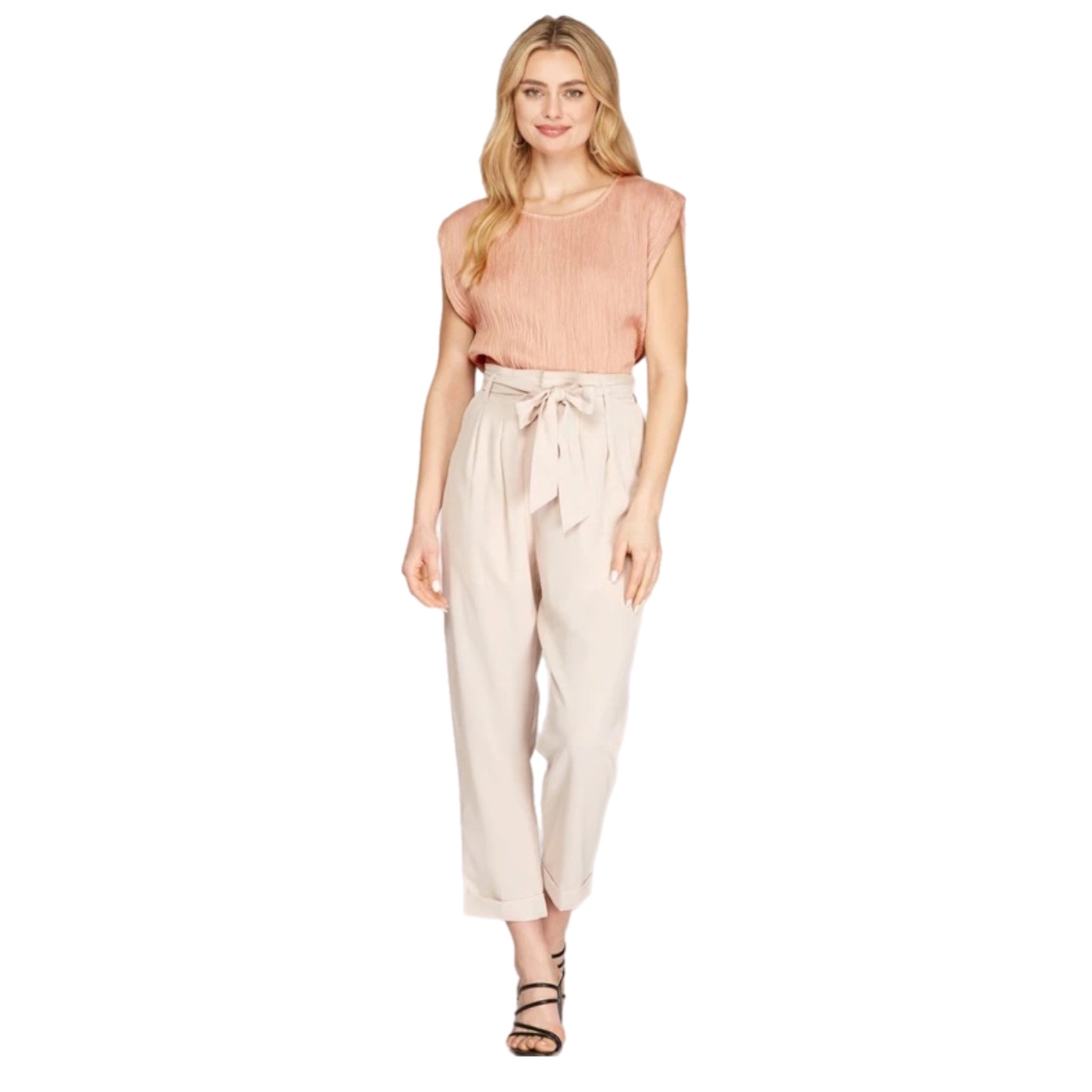 She + Sky Womens Blush Pink Top Short Cap Sleeve Shirt Crinkle Blouse S-L - East Coast Bella LLC