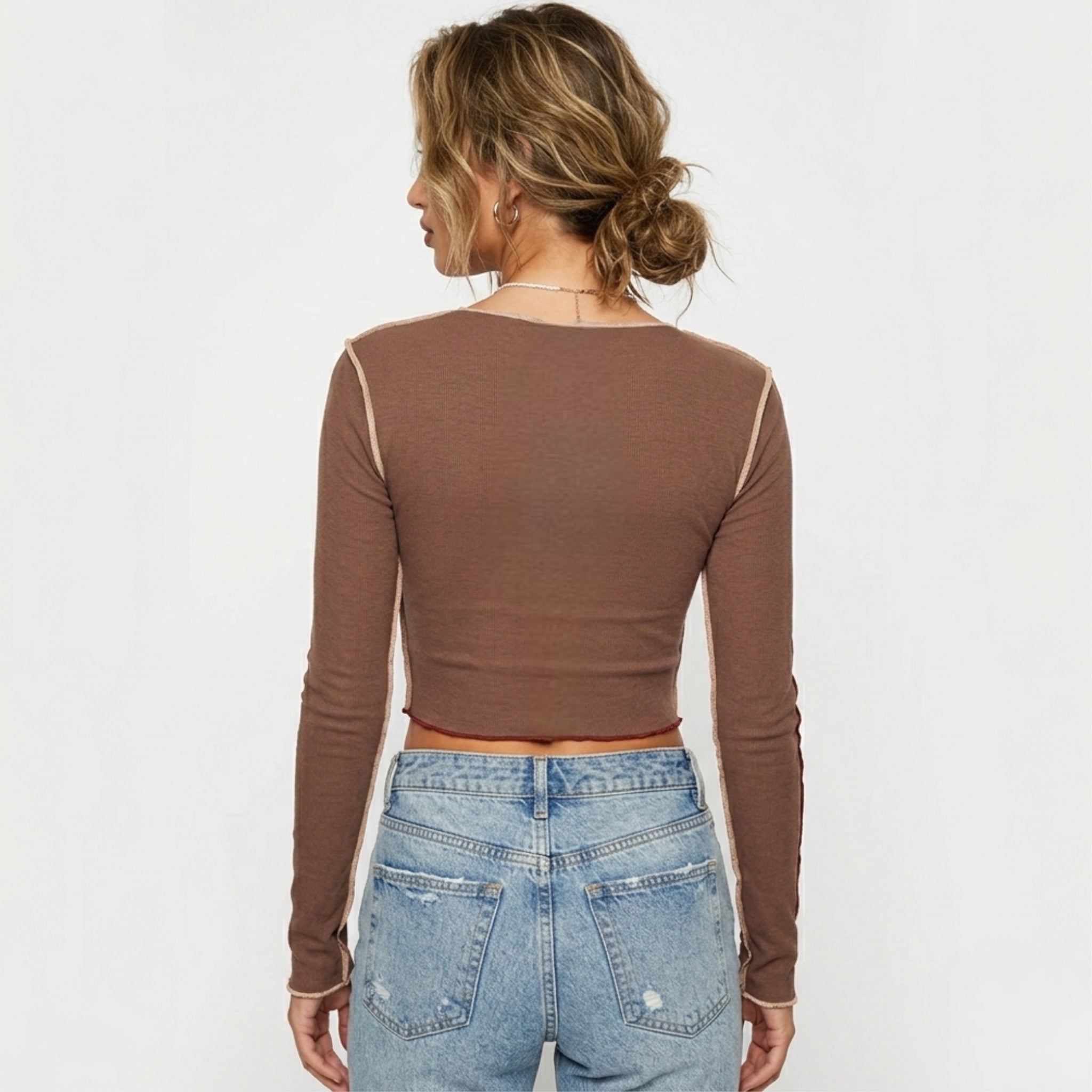 Mimosa Ribbed Patchwork Long Sleeve Crop Top Y2K Style Stretchy Knit- Brown