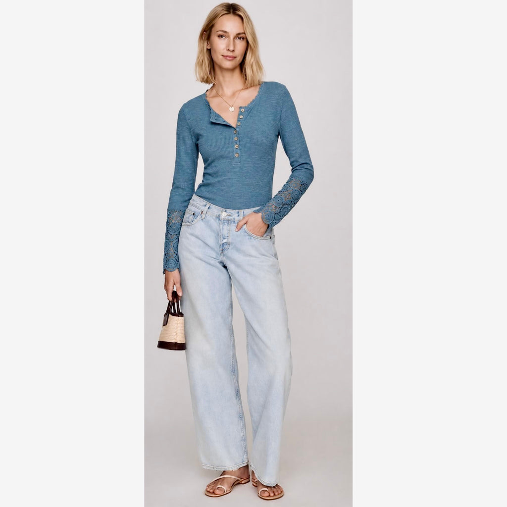 Boho Chic Rib-Knit Henley Top with Lace Sleeves in Slate Blue