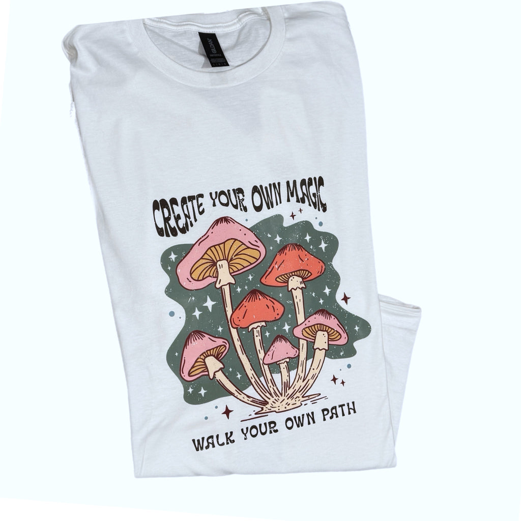 CREATE YOUR OWN MAGIC Mushroom T Shirt Vintage Style Graphic Boho Vibe