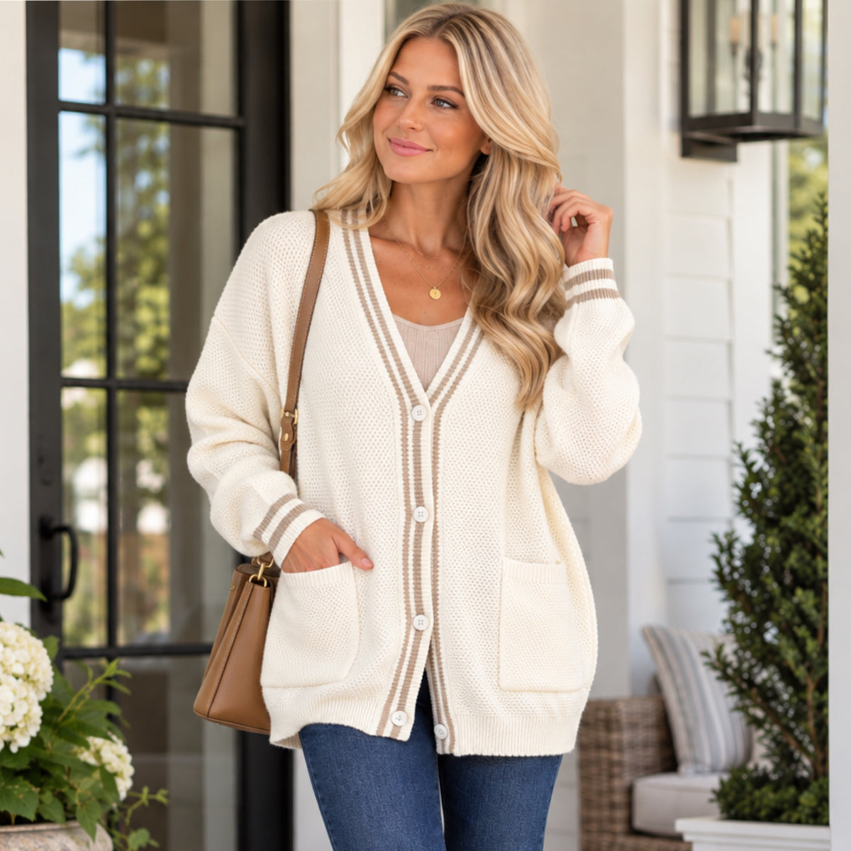 Grace & Emma Ivory & Taupe Trim Knit Preppy Lady Oversized Cardigan