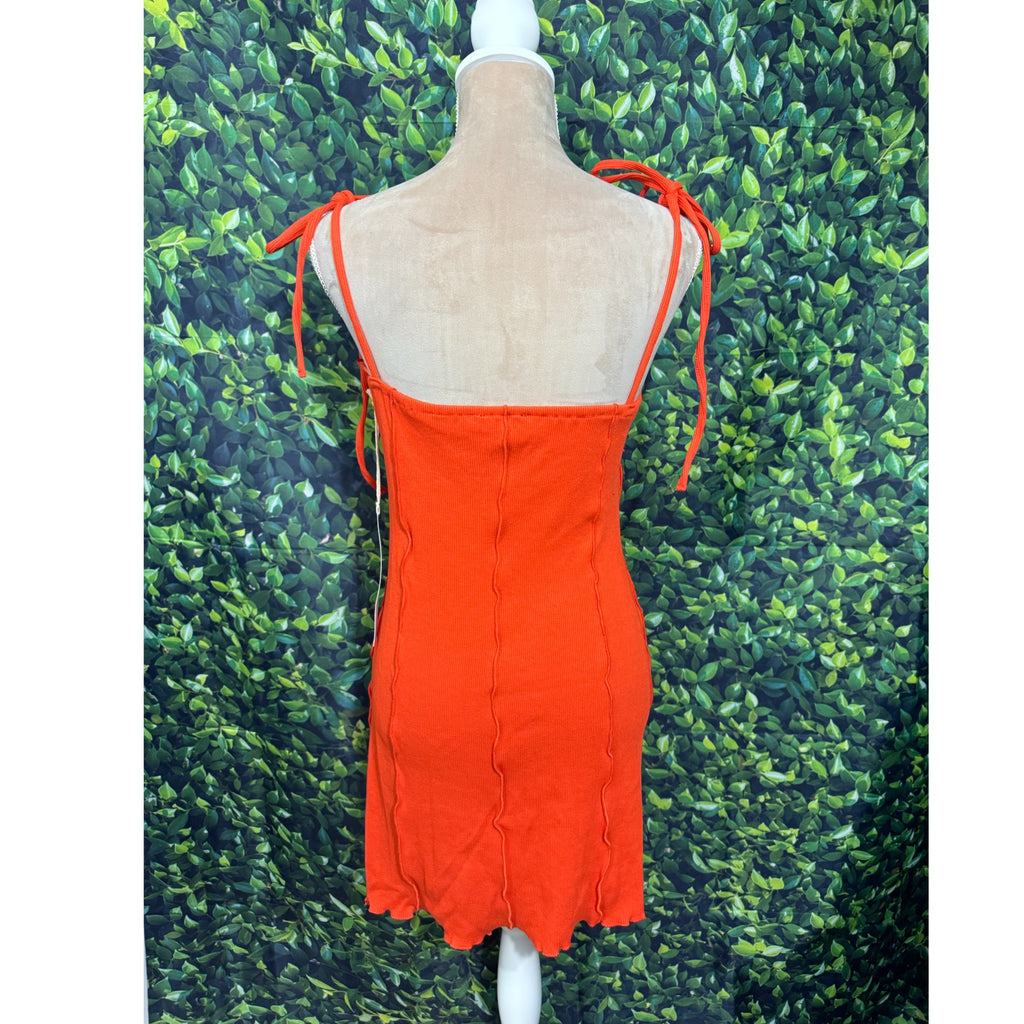 LUMIERE Twist Front Dress Ribbed Knit Mini Tie Strap in Tomato Red