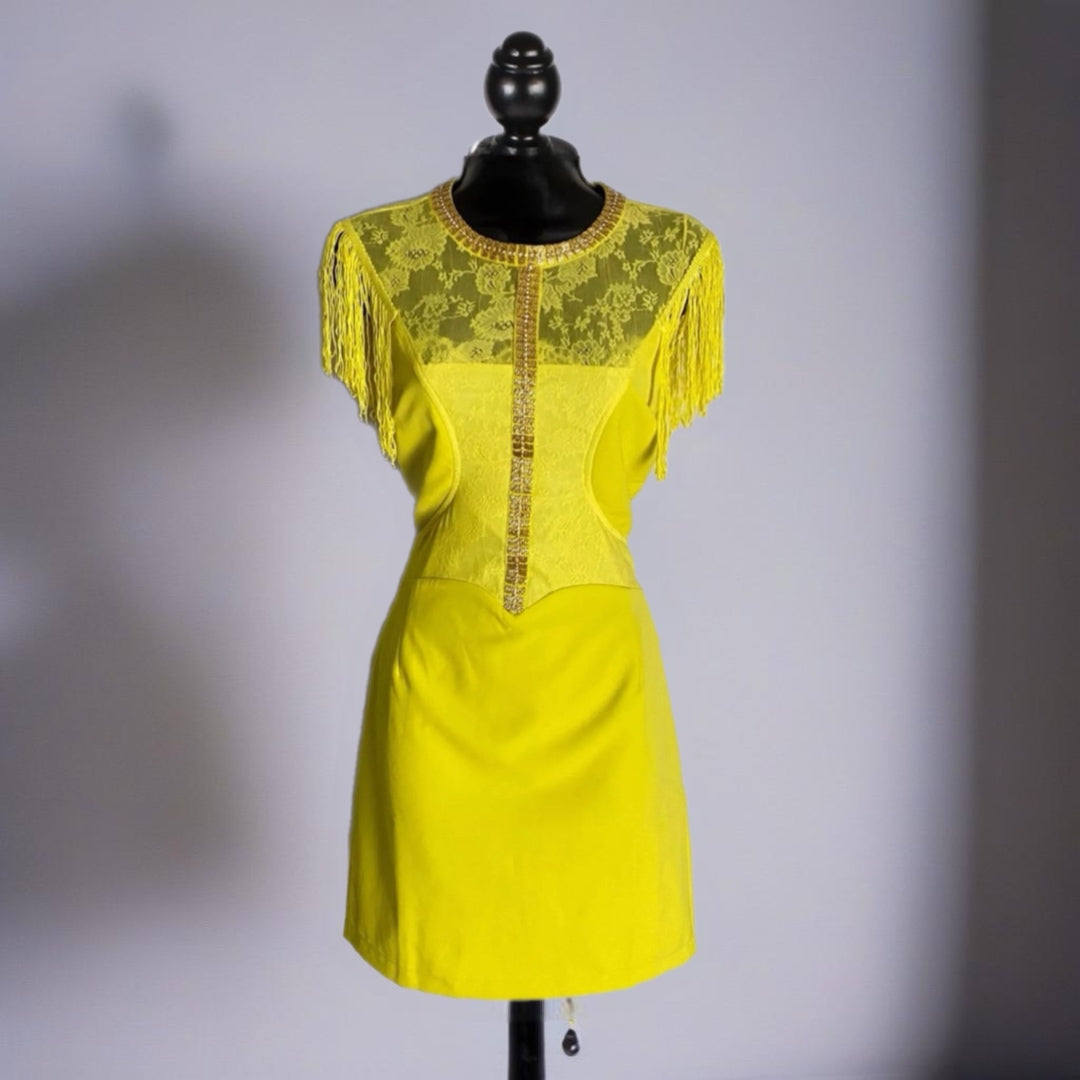 The Clothing Company Mini Dress Glam Yellow Embellished Fringe Lined S, M, L