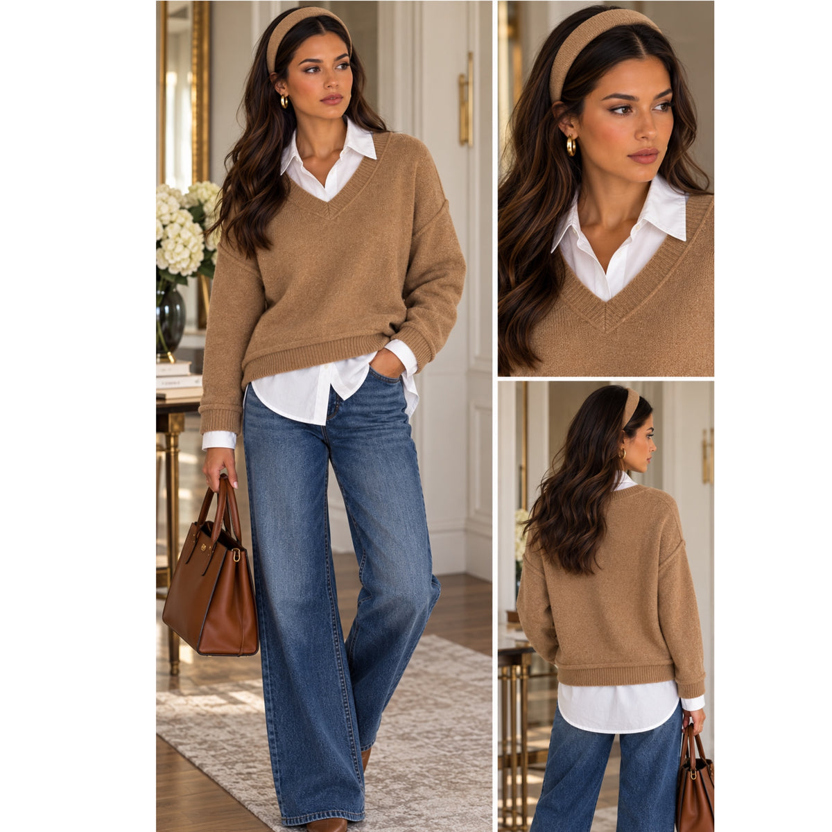 La Miel Preppy Lady 2-Piece Camel Sweater & White Button-Down Shirt Set