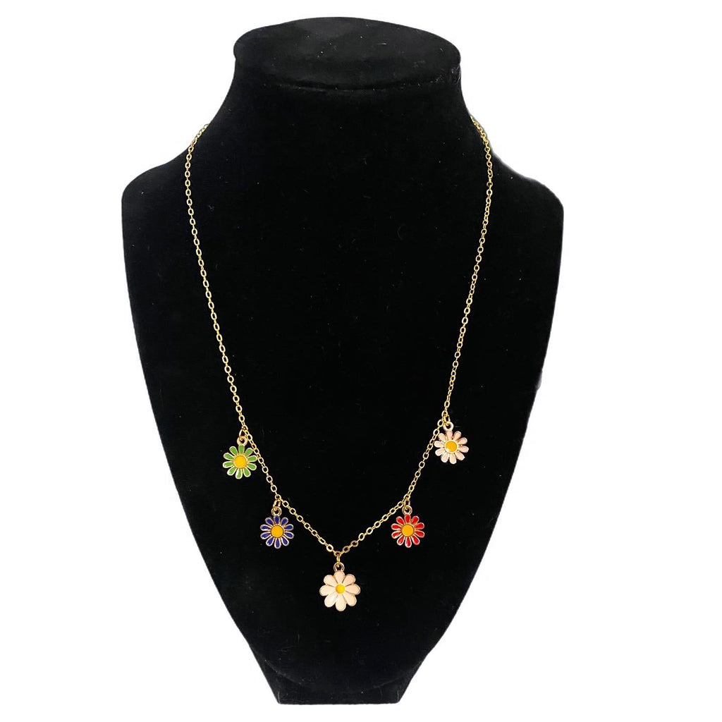 Boho Spring Flowers Gold Tone Charm Necklace Colorful Daisies - East Coast Bella LLC