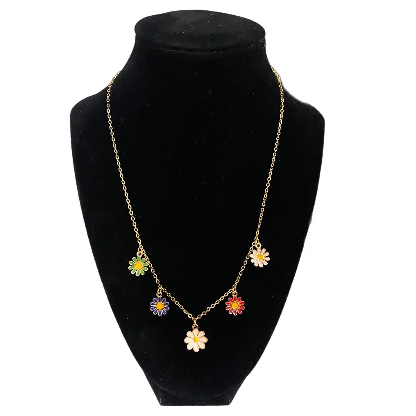 Boho Spring Flowers Gold Tone Charm Necklace Colorful Daisies - East Coast Bella LLC