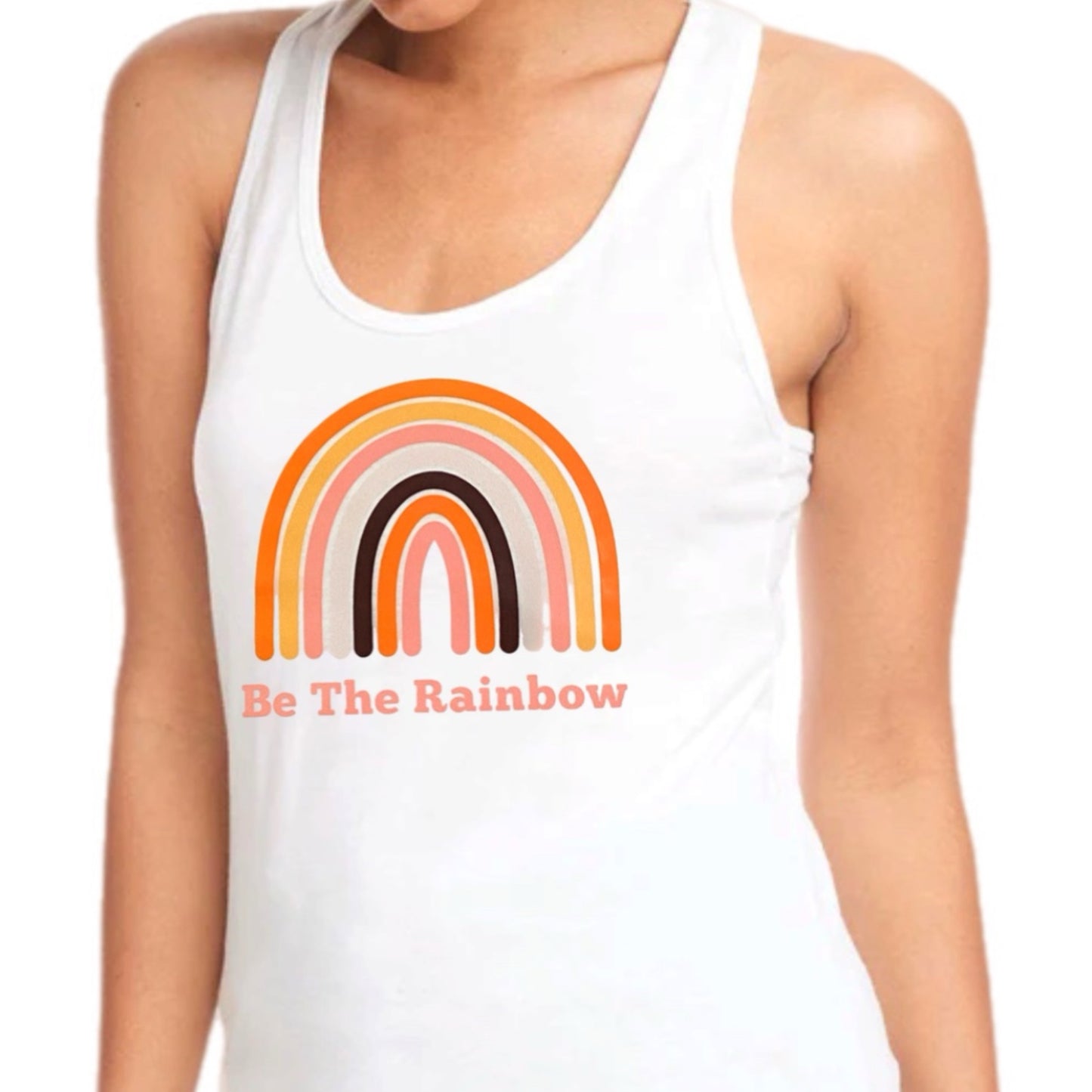 Be The Rainbow White Tank Top Boho Graphic Racer Back