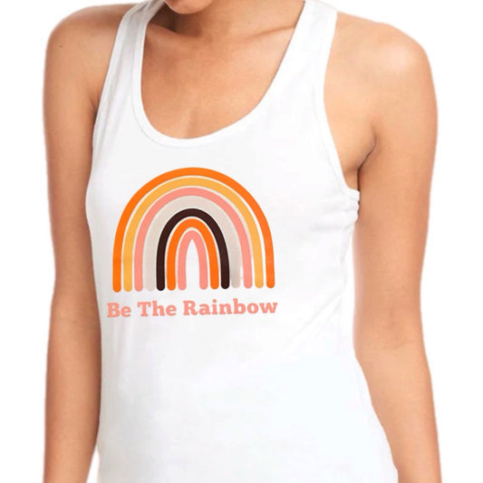 Be The Rainbow White Tank Top Boho Graphic Racer Back