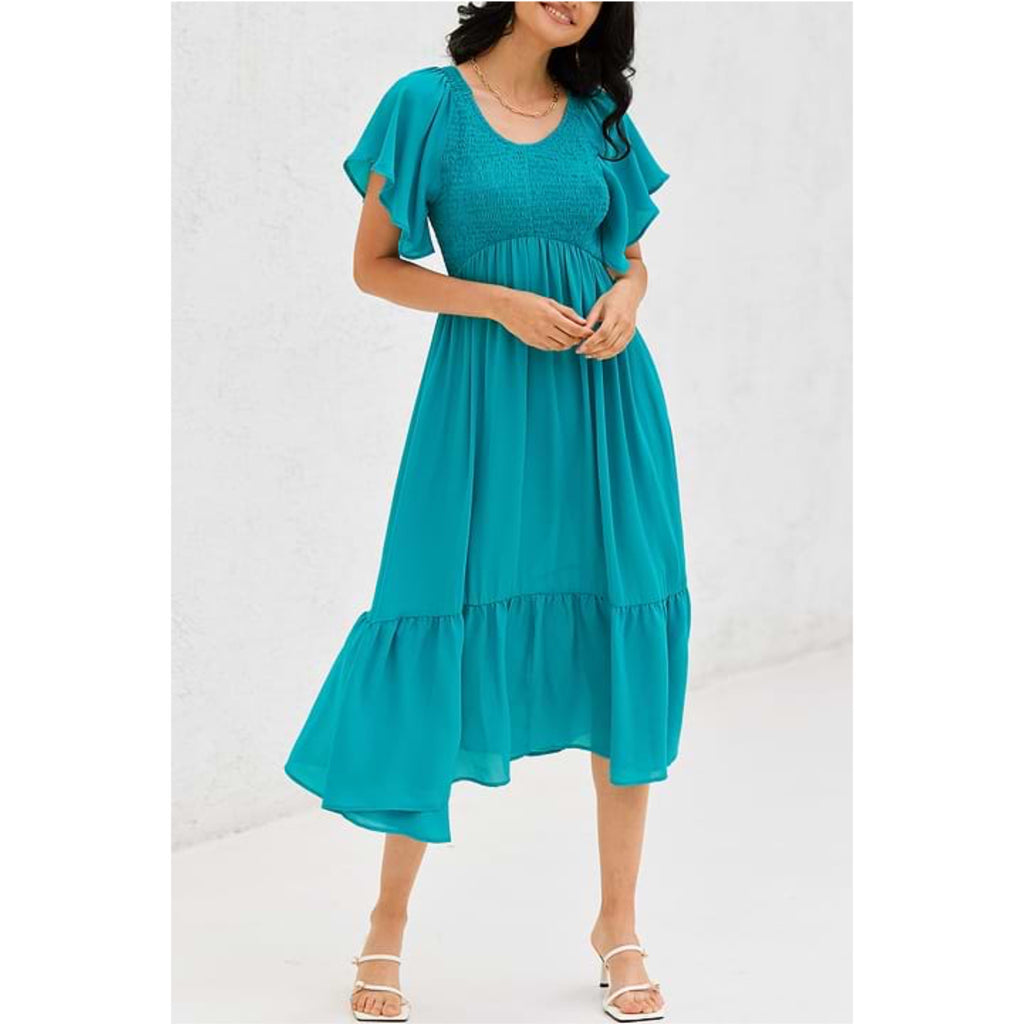 Ocean Blue Breezy Resort Dress Smocked Midi Ruffle Hem