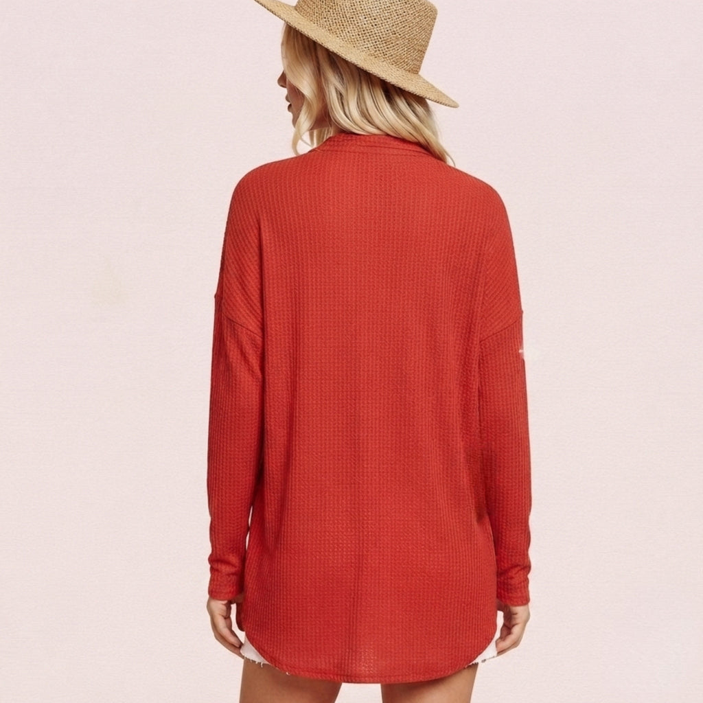 La Miel Soft Waffle Knit Button-Down Long Sleeve Oversized Cardigan