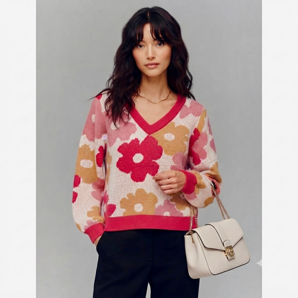 SOUTHERN GRACE Dazed For Days Floral V Neck Sweater in Pink Beige