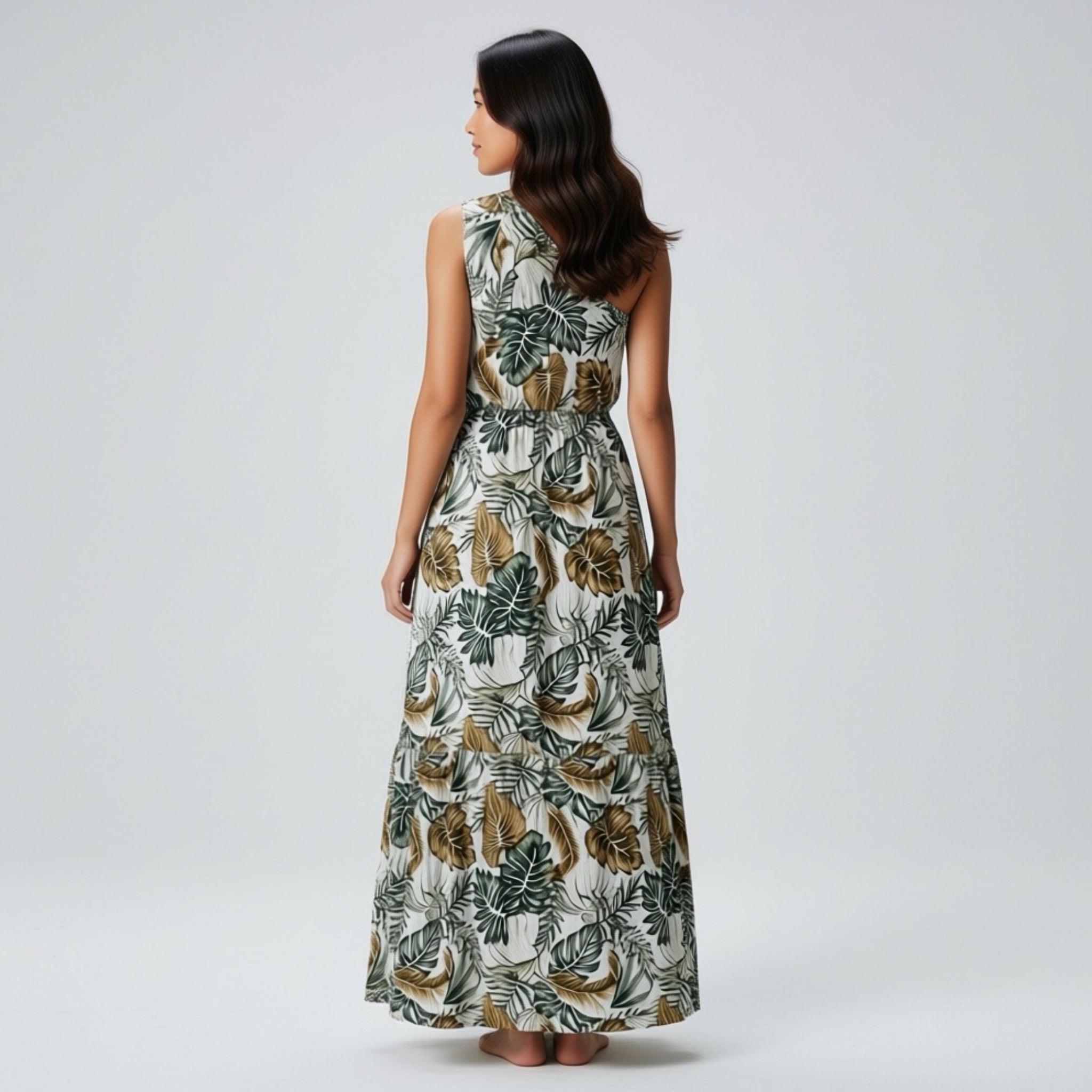 Tropical Resort-wear Dress Botanical Leaf One Shoulder Maxi
