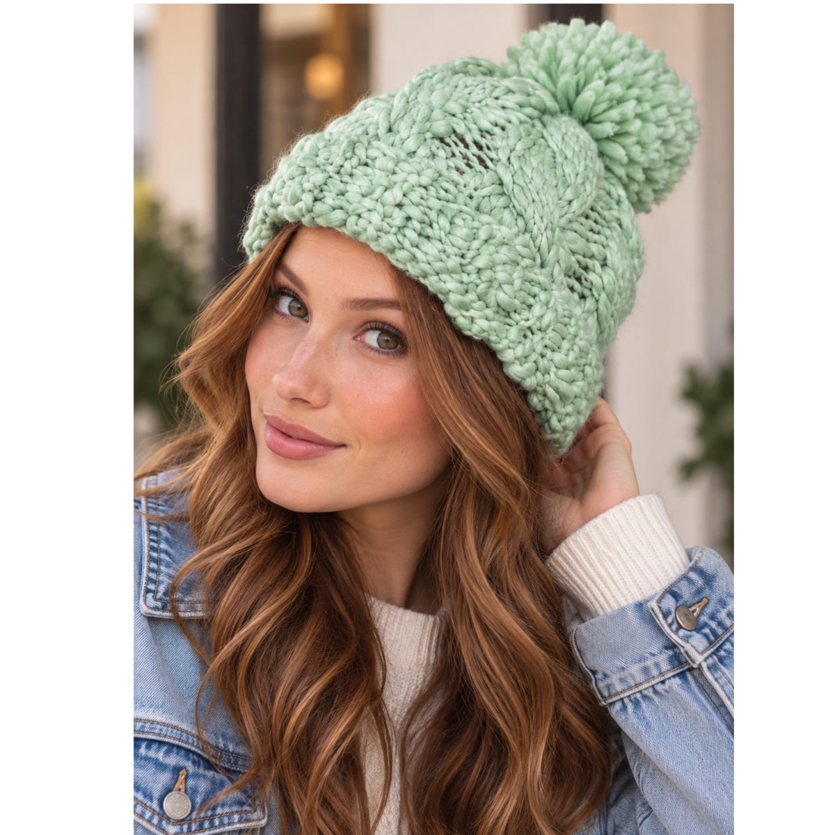Mint Green Chunky Cable Knit Beanie with Pom-Pom