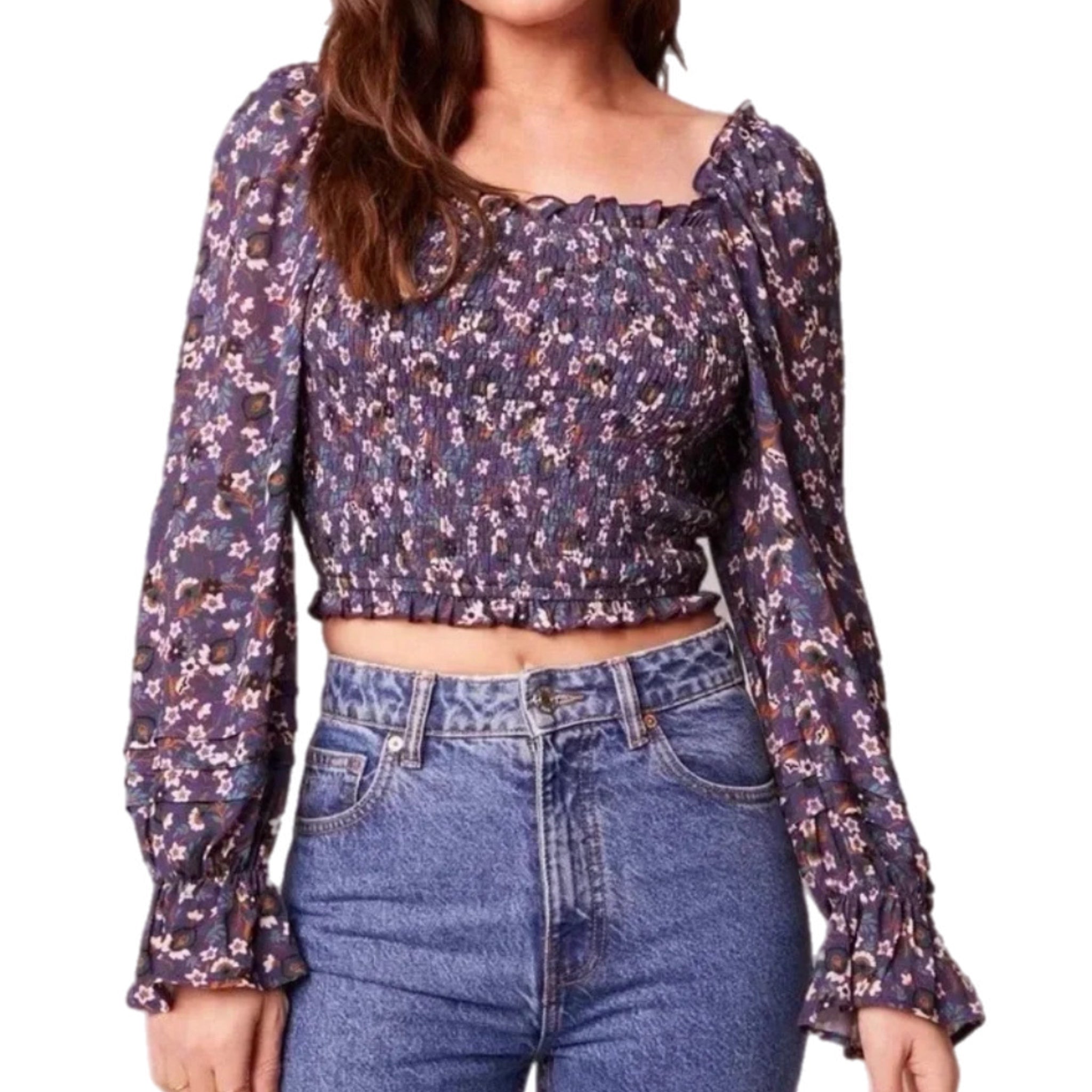 BAND OF THE FREE Cropped Purple Floral Smocked Long Sleeve Blouse