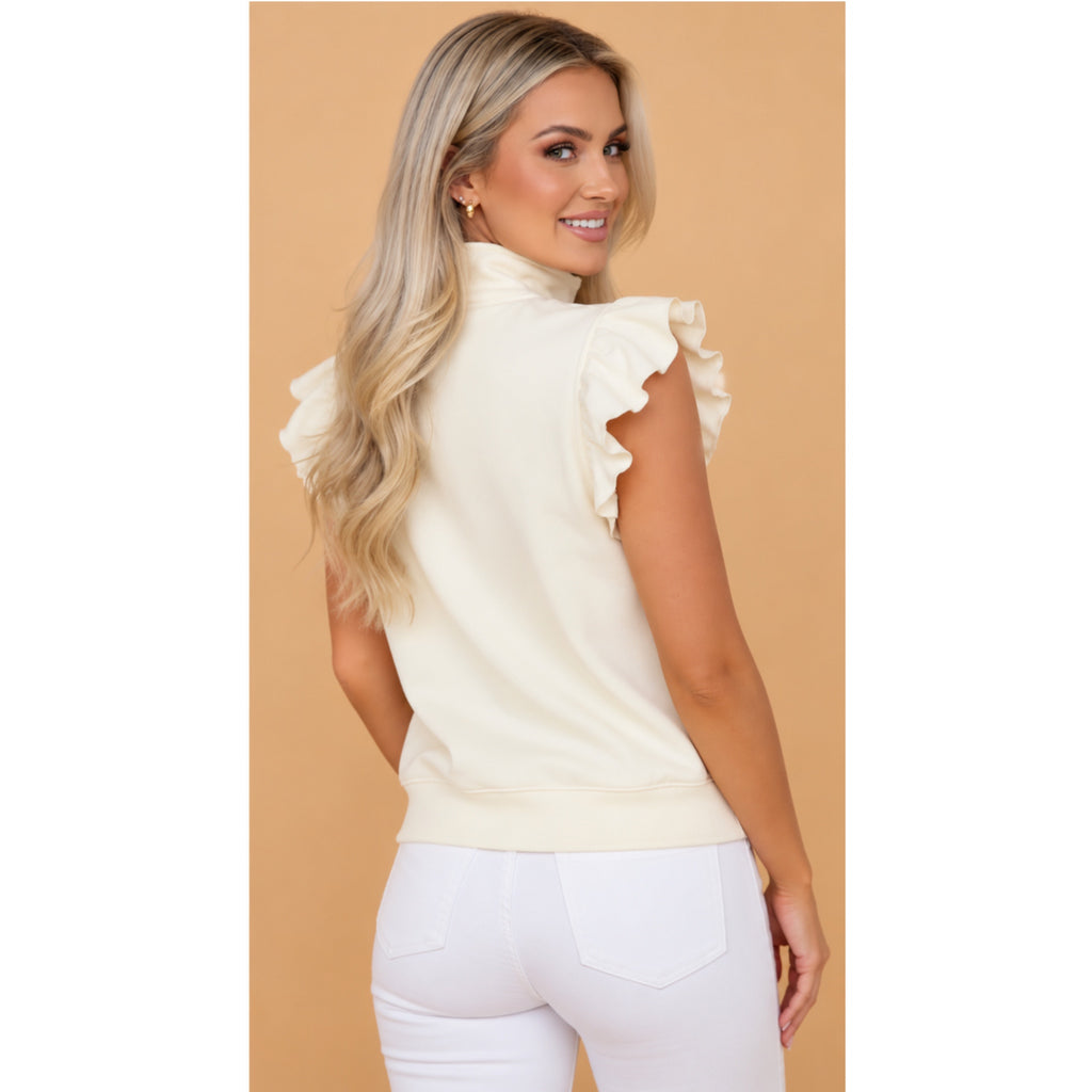 Preppy Aesthetic Quarter-Zip Ruffle Short Sleeve Sweater Top Creamy Beige