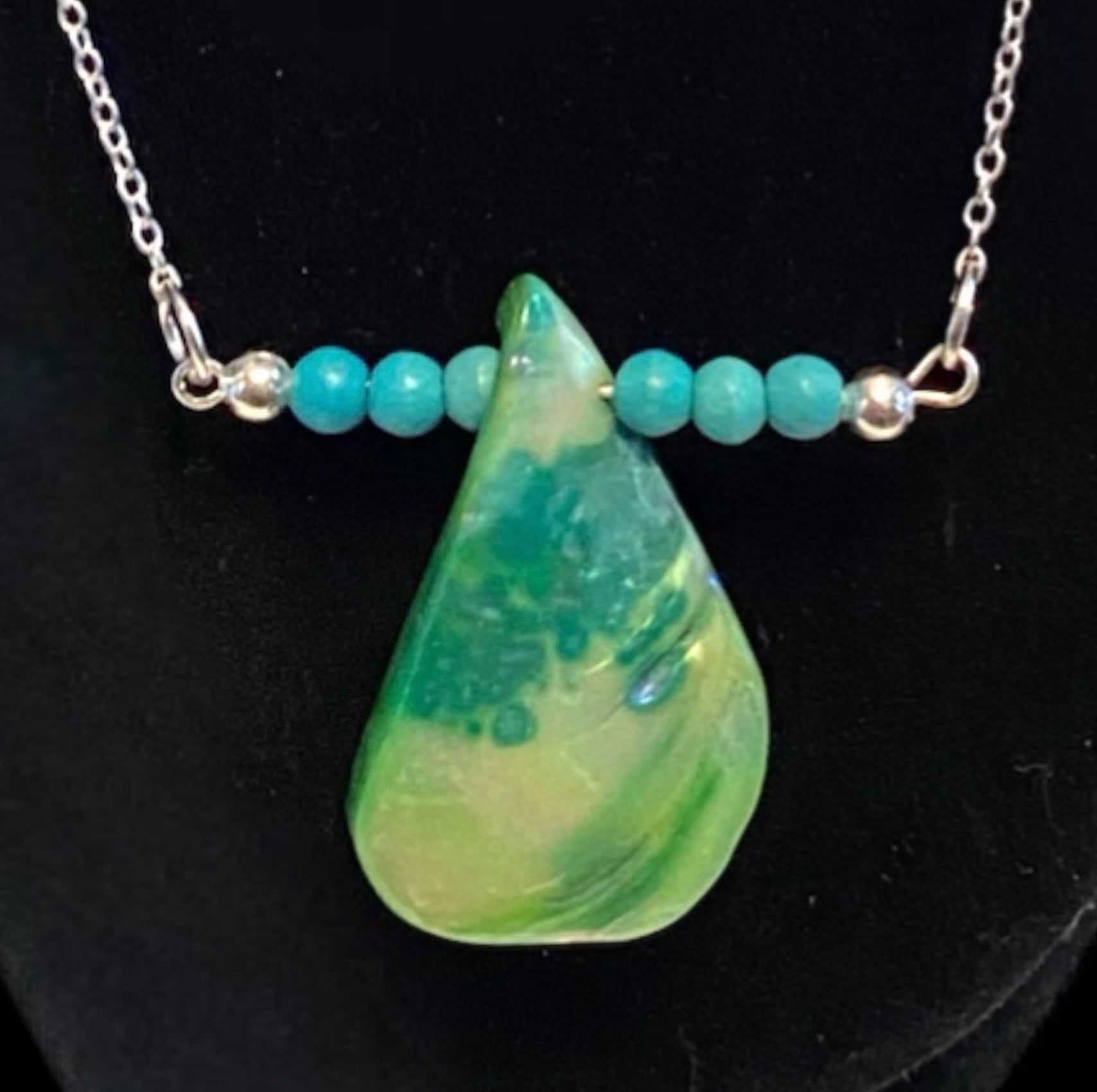 Turquoise Dream Iridescent Shell Pendant Necklace Stone Beads 925 Sterling Silver Plated